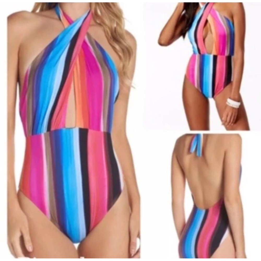 Vintage RARE La Blanca One Piece Swimsuit Sz 14 Deep V Neck Halter Soft Bra Cups